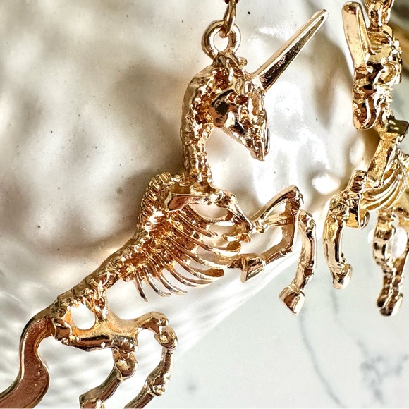 2/$30🌵 Gold Unicorn Skeleton Earrings Magical Goth Whimsigoth Jewelry Punk NEW - Picture 5 of 10